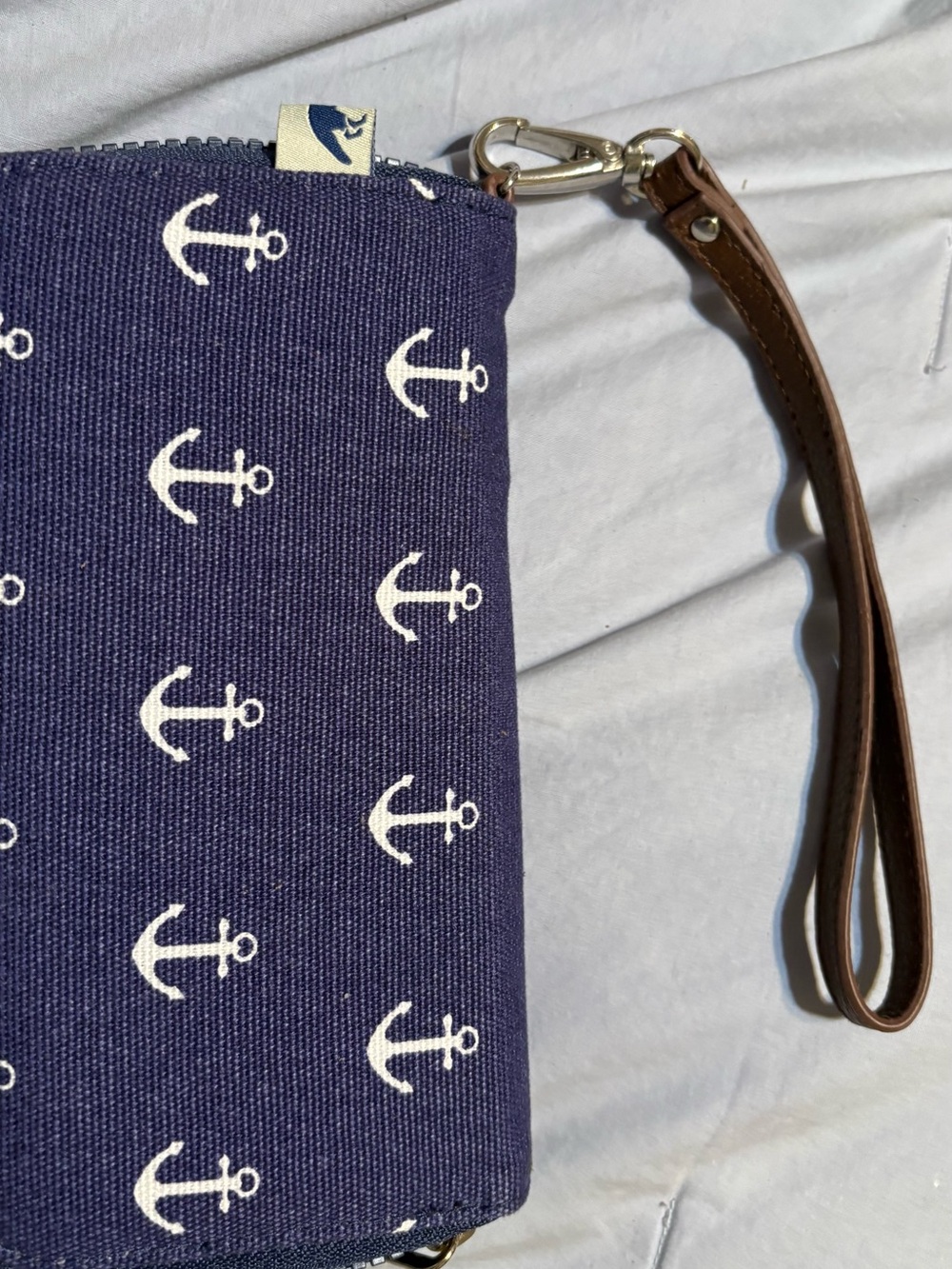 Navy Anchor Canvas Wristlet Clutch with Brown Strap